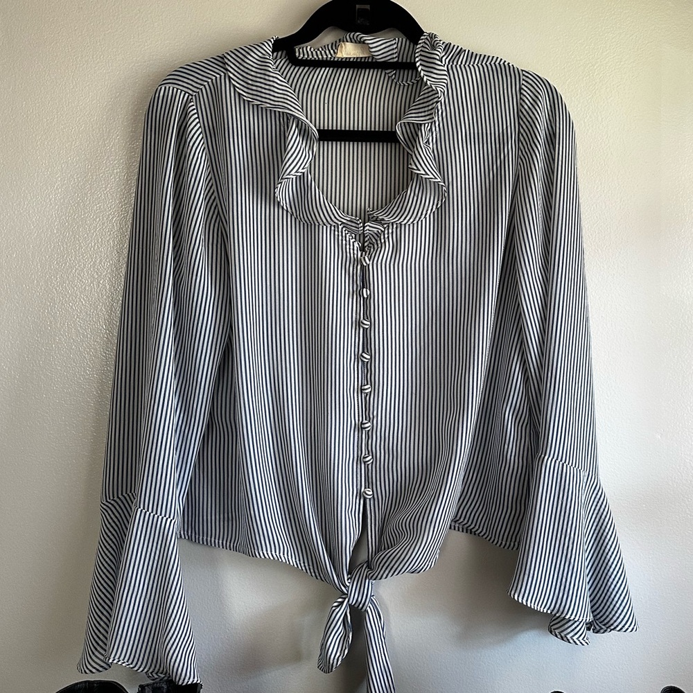 Molly Green Striped Ruffle Blouse - navy blue and White